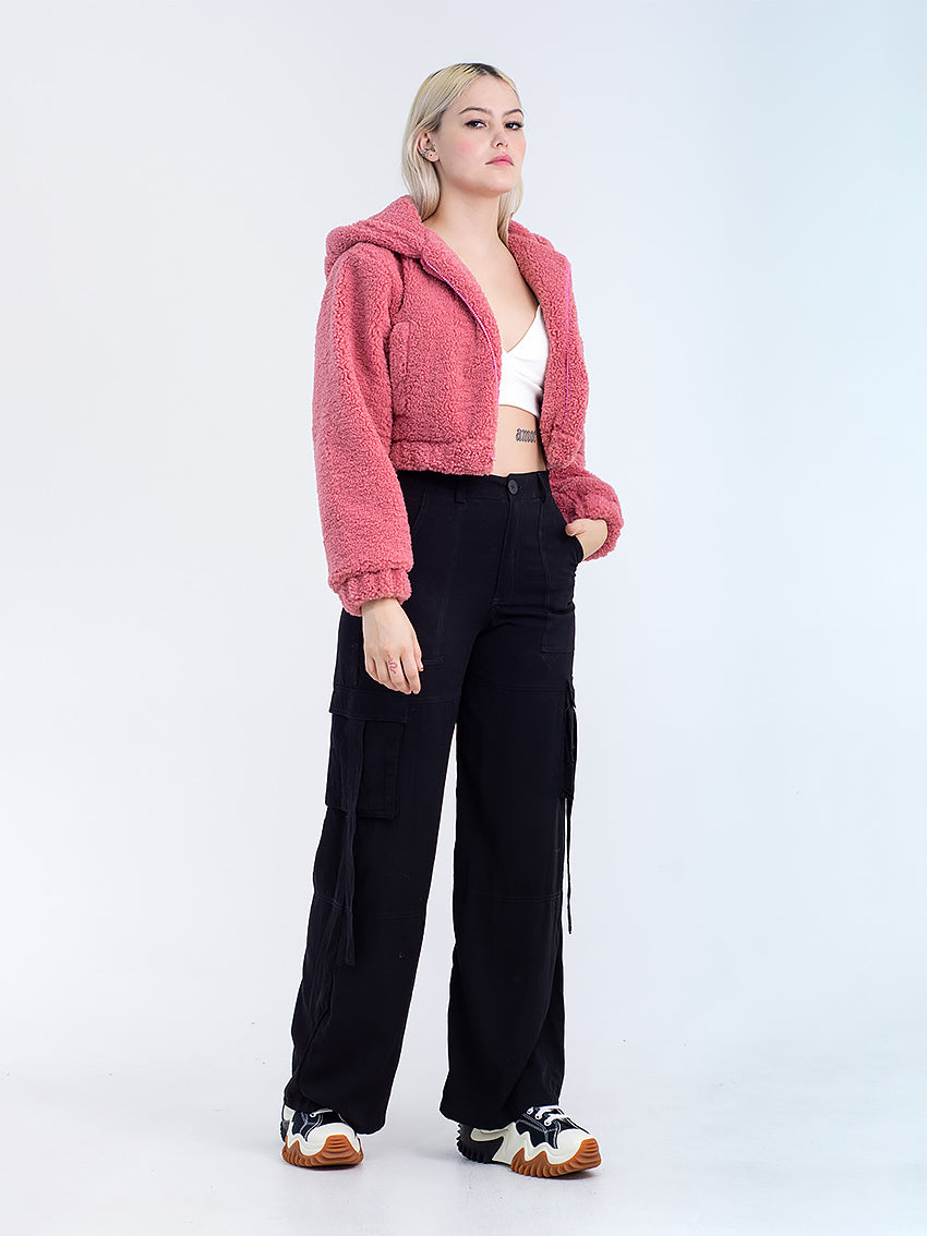 CHAQUETA CROP BORREGO TIERA ROSADO
