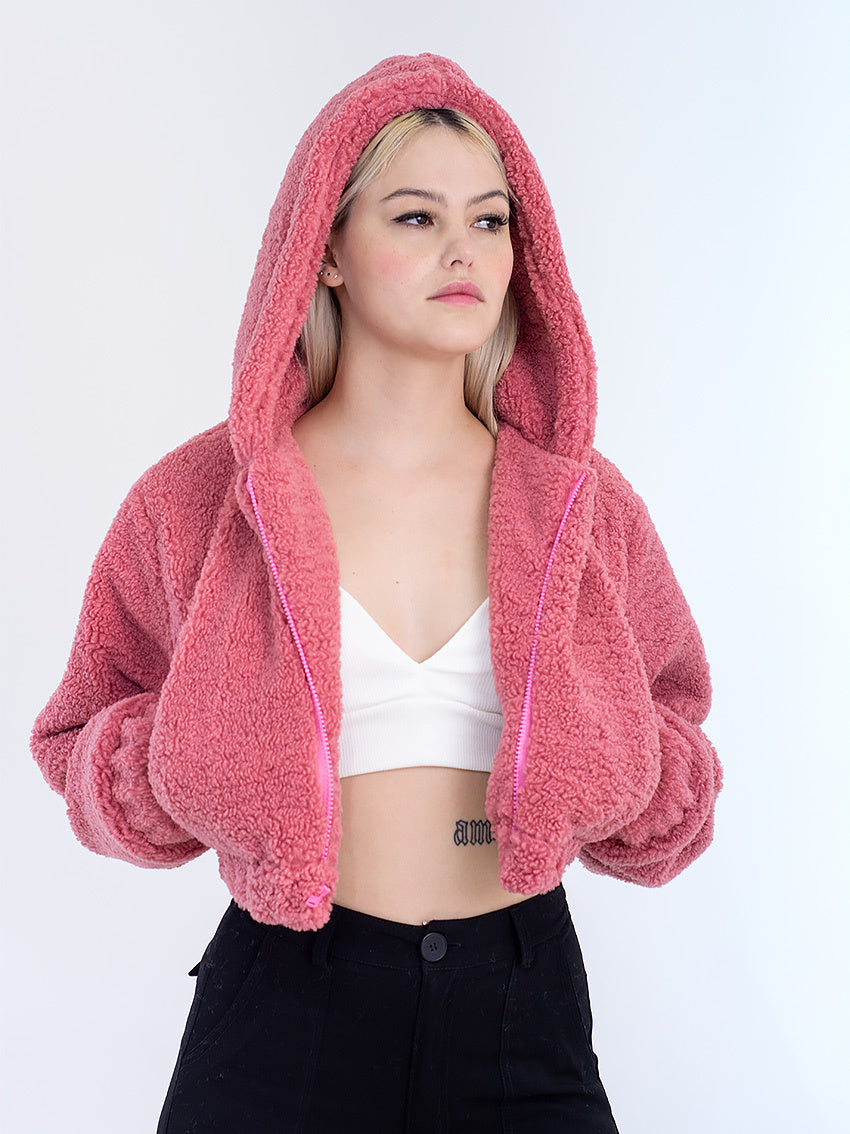 CHAQUETA CROP BORREGO TIERA ROSADO