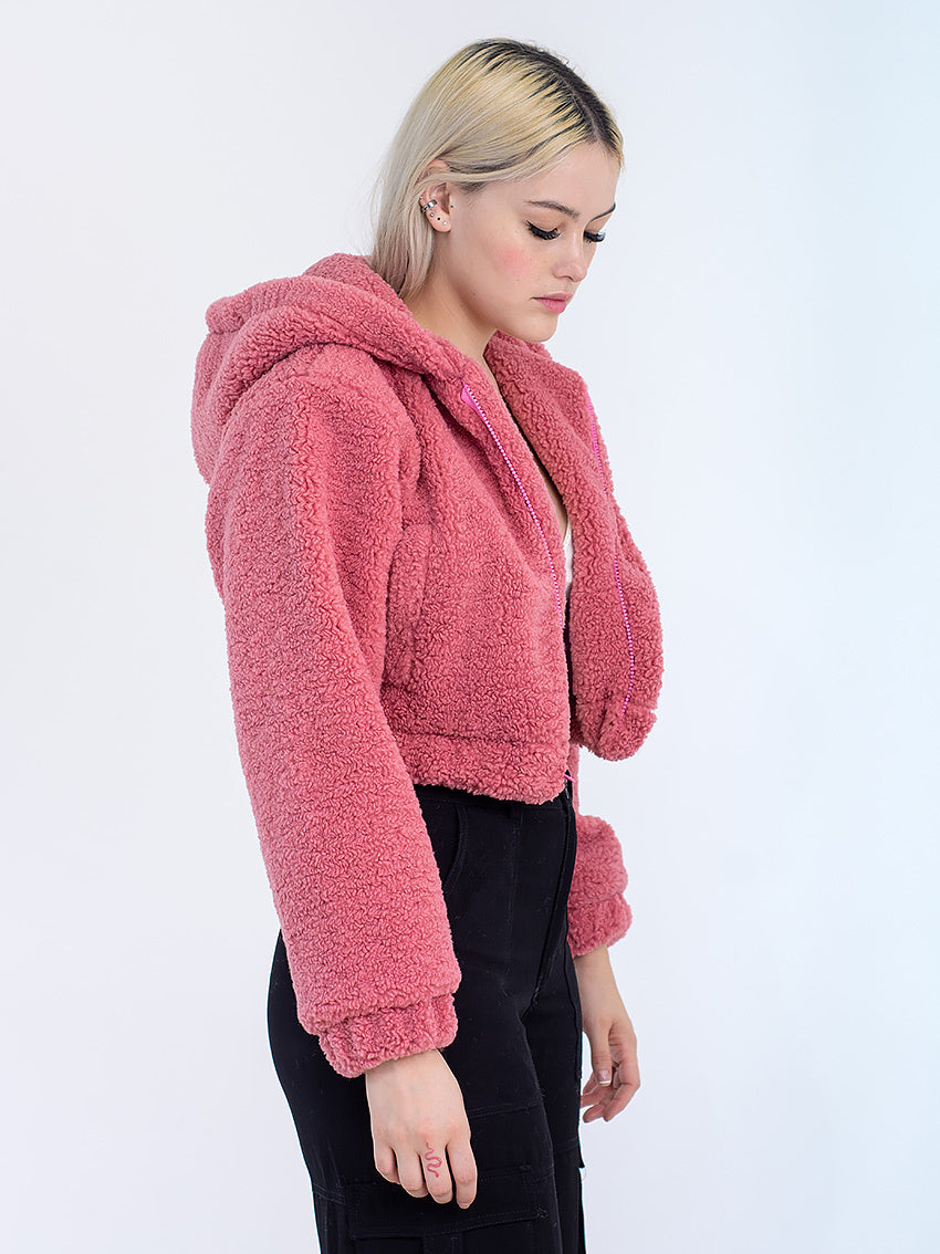 CHAQUETA CROP BORREGO TIERA ROSADO