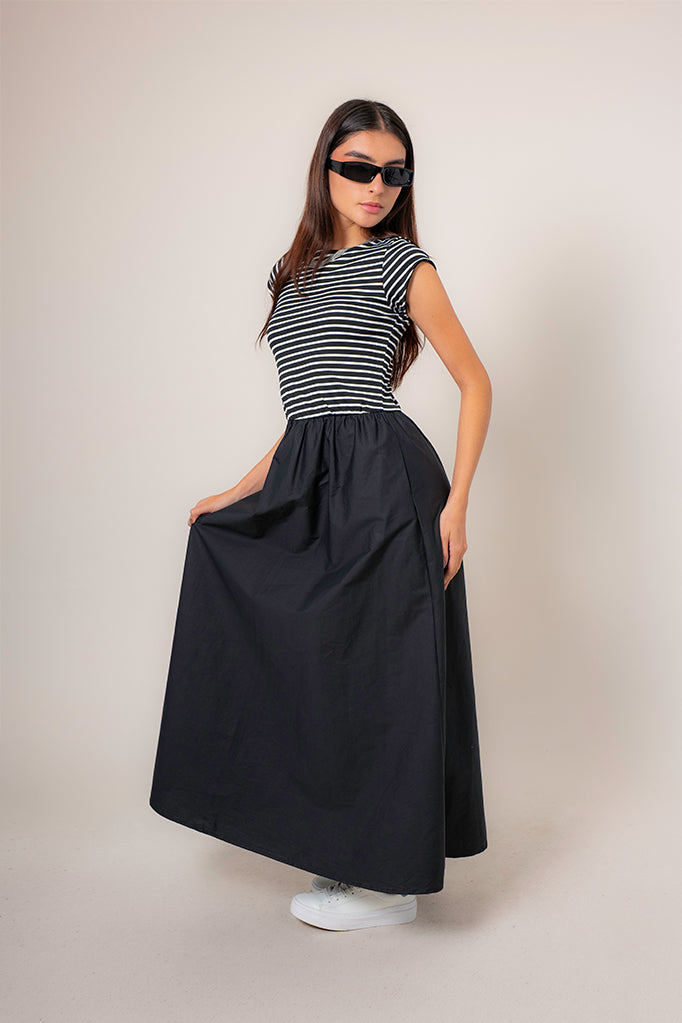 VESTIDO MIDI COMBINADO RAYAS B-M 8574