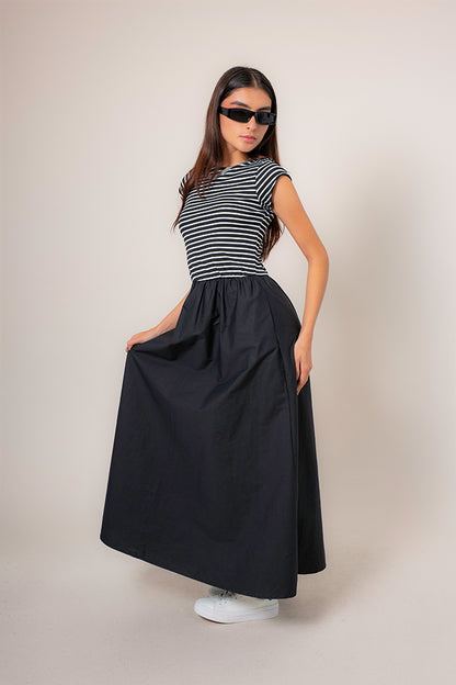 VESTIDO MIDI COMBINADO RAYAS B-M 8574