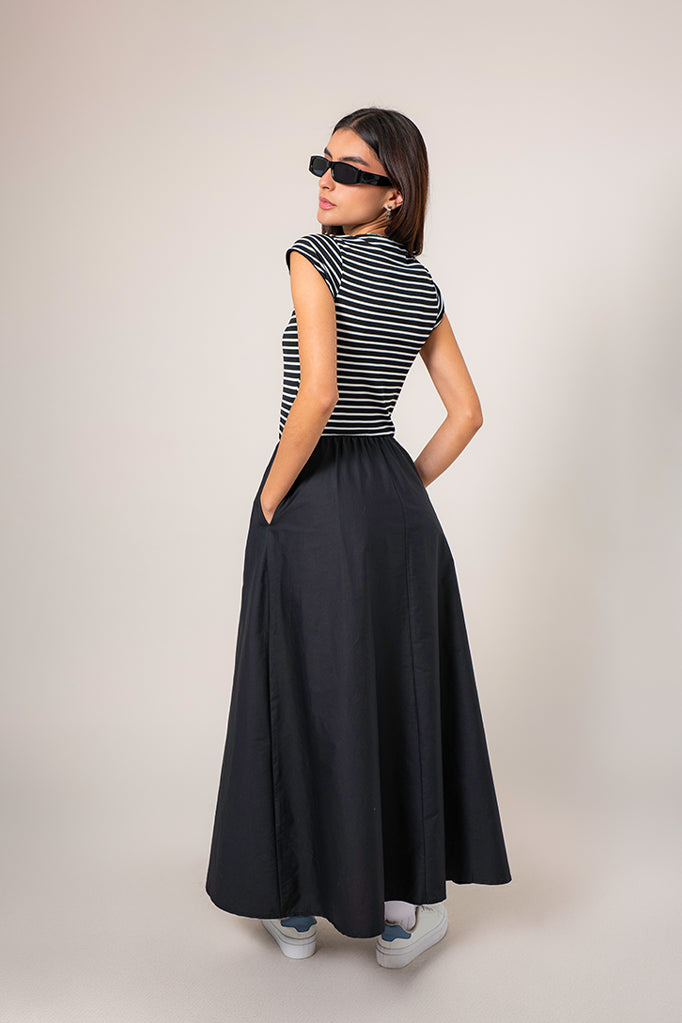 VESTIDO MIDI COMBINADO RAYAS B-M 8574